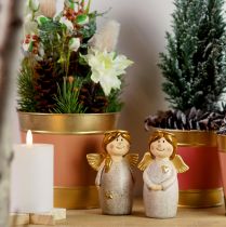 Produkt Uroczy duet aniołów wykonany z ceramiki w kolorze kremowej bieli ze złotymi akcentami - 8,6 cm - Niebiańskie figurki dekoracyjne - 2 szt.