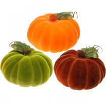 Produkt Deco dynia flokowana mix pomarańczowy, zielony, czerwony jesienna dekoracja 16cm 3szt