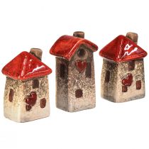 Produkt Domek ceramiczny z czerwonym oknem dachowym i sercem - 6 cm - Idylliczna dekoracja do domu i ogrodu - 6 sztuk