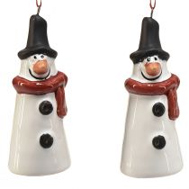 Wisząca dekoracja Happy Snowman - biała z czerwonym szalikiem i czarnym kapeluszem, 7,5 cm - idealna na świąteczne choinki - opakowanie 2 szt.