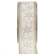 Produkt Wstążka świąteczna z płatkami śniegu - zimowa wstążka z zawartością lnu biały beżowy 40mm 12m