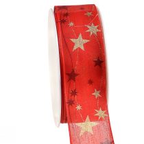 Produkt Wstążka świąteczna czerwona wstążka z gwiazdkami, brzeg z drutu 40mm 15m