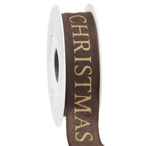 Elegancka wstążka świąteczna w kolorze ciemnobrązowym ze złotym napisem Merry Christmas, szerokość 25mm, długość 15m