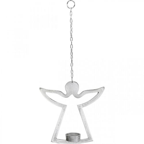 Produkt Stojak na świeczkę z aniołkiem, wisząca dekoracja na świeczkę, metalowy srebrny H20cm