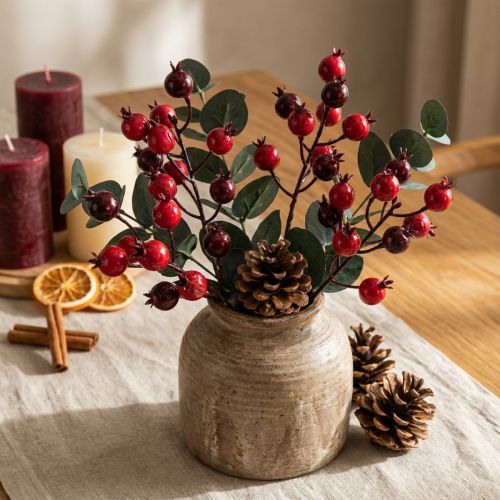 Produkt Sztuczna gałązka granatu z rozgałęzionymi łodygami jako dekoracja wazonu, 19 cm, 4 sztuki