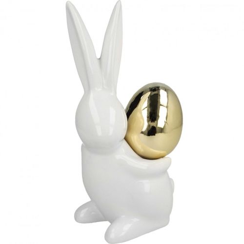 Zajączki wielkanocne eleganckie, ceramiczne zajączki ze złotym jajkiem, dekoracja wielkanocna biała, złota wys.18cm 2szt