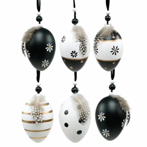 Floristik24 Hanging Easter Egg Black, White Easter Decoration Egg with Feather 6szt.