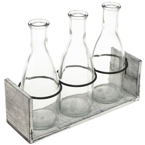 Rustykalny zestaw butelek w drewnianej podstawce - 3 szklane butelki, szaro-biały, 24x8x20 cm - Wszechstronny do dekoracji