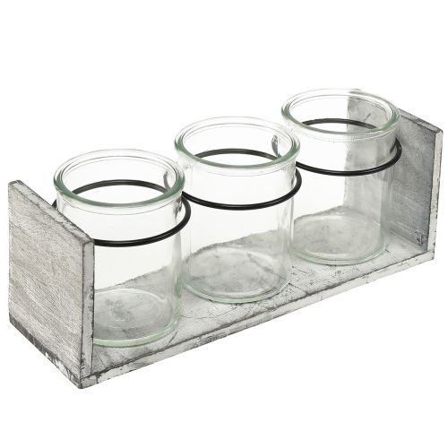 Rustykalny zestaw szklanych pojemników w szarym i białym drewnianym stojaku - 27,5x9x11 cm - Wszechstronne rozwiązanie do przechowywania i dekoracji