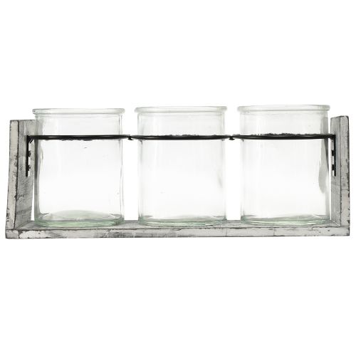 Produkt Rustykalny zestaw szklanych pojemników w szarym i białym drewnianym stojaku - 27,5x9x11 cm - Wszechstronne rozwiązanie do przechowywania i dekoracji