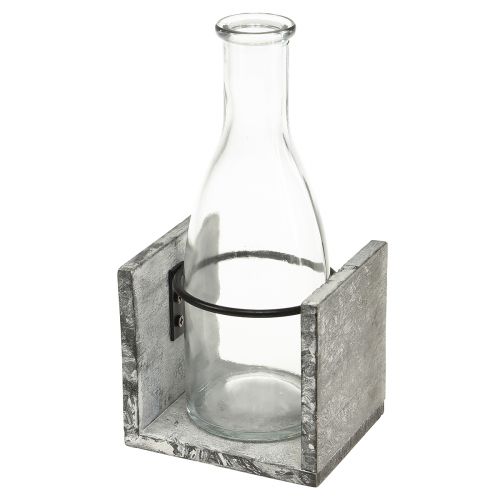 Wazon szklany w szarym drewnianym stojaku, 9,5x8x20cm - Dekoracja rustykalna w zestawie 4 szt.