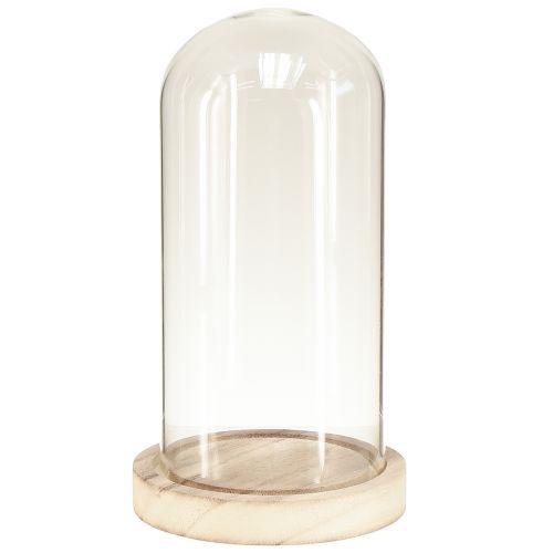 Szklany dzwonek z podstawą z przezroczystego naturalnego drewna Ø12cm W21cm