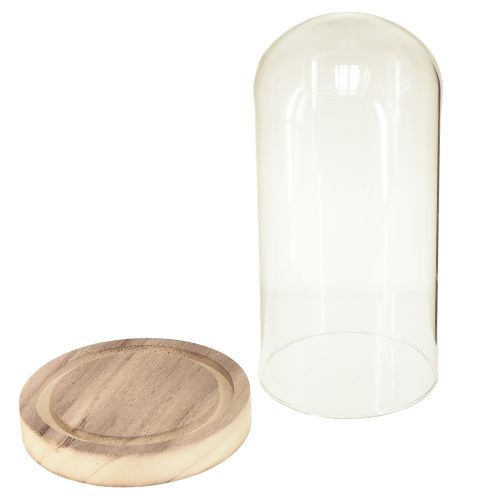 Produkt Szklany dzwonek z podstawą z przezroczystego naturalnego drewna Ø12cm W21cm