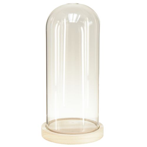 Szklany dzwonek szklany z nadprożem i podstawą z przezroczystego drewna Ø14cm W28,5cm