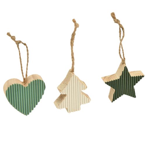 Zestaw drewnianych zawieszek choinkowych, gwiazda-serce, miętowo-zielono-biała, 4,5 cm, 9 sztuk - dekoracja świąteczna