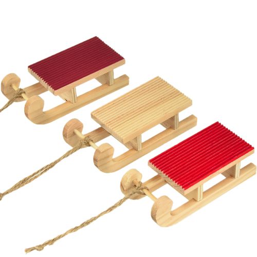 Drewniane sanie miniaturowe, czerwono-naturalne, 4x8,5 cm, zestaw 6 szt. - dekoracja świąteczna