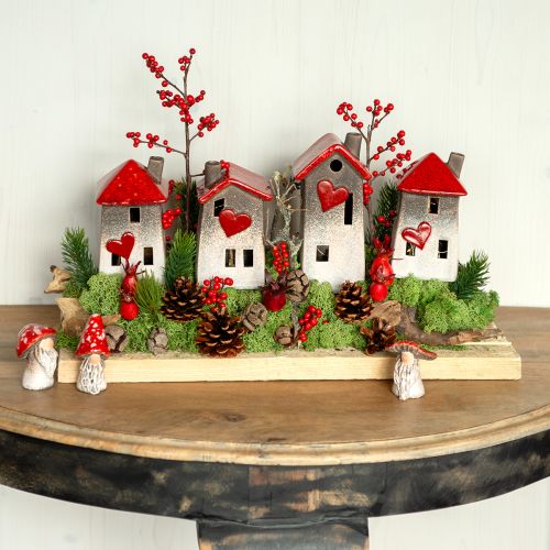 Romantyczne domy ceramiczne z motywem serca w zestawie 3 - czerwone i naturalne odcienie, 10,9 cm - pięknie zaprojektowane latarnie