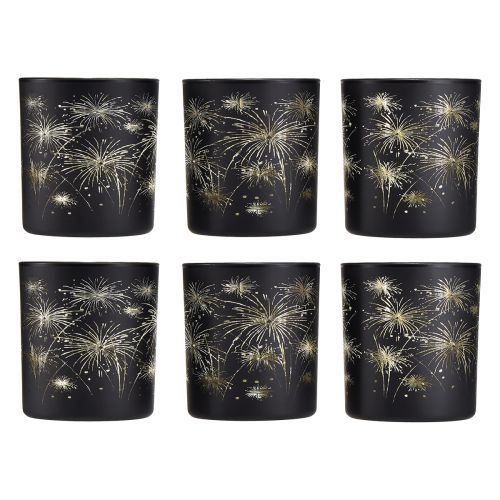 Produkt Elegancka szklana latarnia z motywem sztucznych ogni - zestaw 6 sztuk w kolorze czarnym i złotym 9 cm - idealna dekoracja na świąteczne okazje
